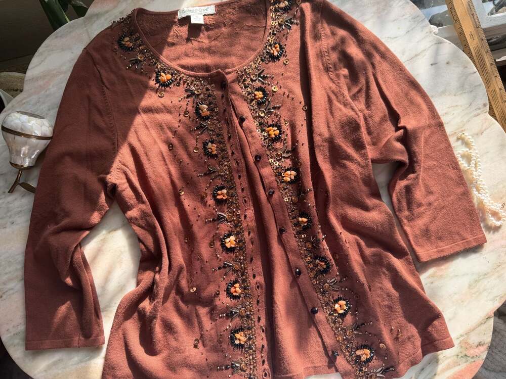 Coldwater Creek Beaded and Sequined Rust Cardigan Sweater